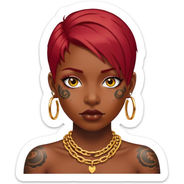 Black dark skin Red hair girl with tattoos on face, gold chain around neck sticker