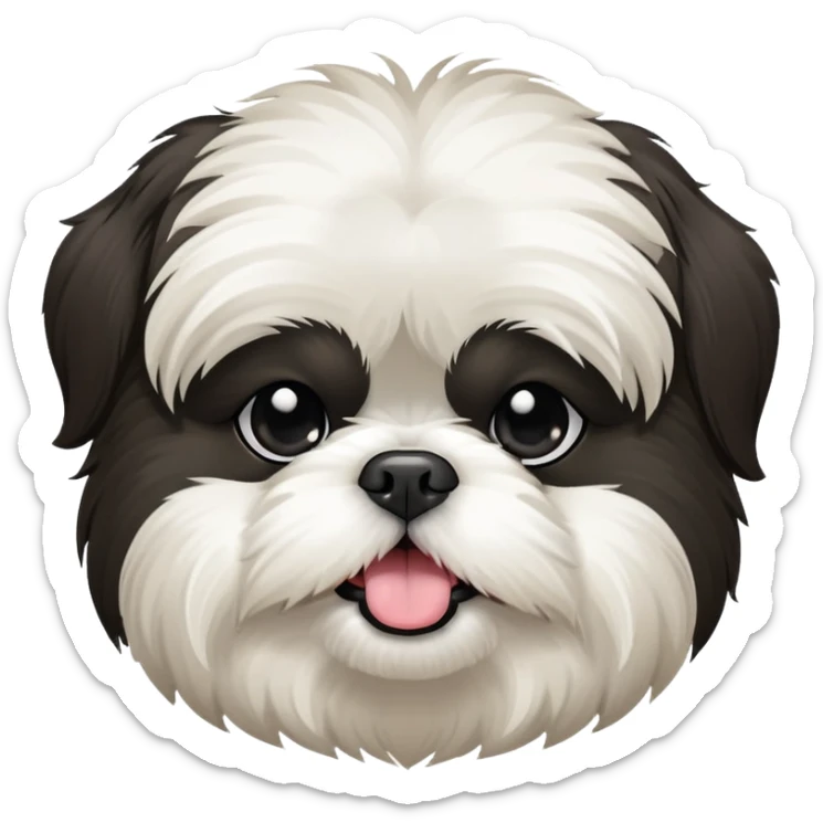 Shih tzu dog black and white fluffy but shorter hair and a little chunky. Sticking tounge out. Has a black face with a white muzzle and white belly  sticker
