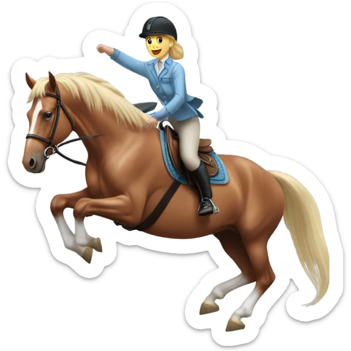 Red roan horse with girl jumping over standard, horse wearing light blue saddle pad girl has blonde hair sticker
