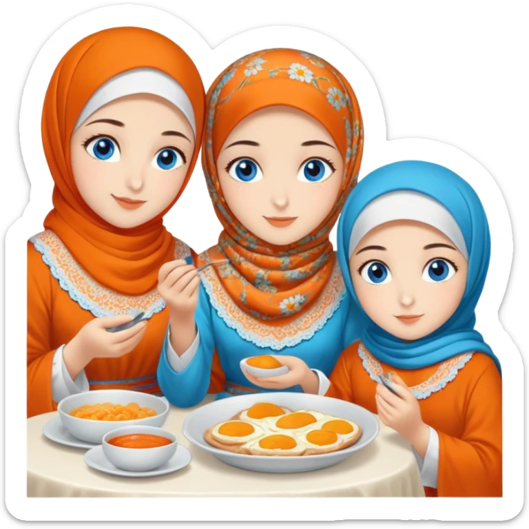 Four sister Turkish girls beautiful finish Konya blue eyes with orange floral hijab and Islamic dress and make Breakfast sticker