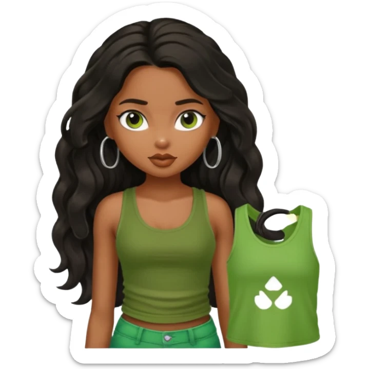 a pretty bratz brown girl with long wavy black color hair and green tank top on sticker