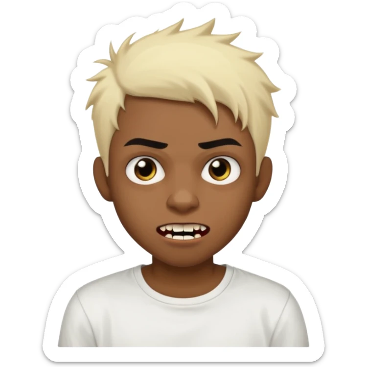 Black Male Teenager with Short punk messy blonde hair, Dark brown bushy eyebrows large expressive golden-brown eyes, wearing a plain white t-shirt, Dark Brown skin color. vampire tooth sticker