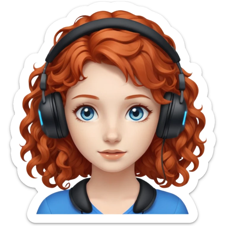 redhead girl with long loose wavy curly hair with black gaming headset and blue eyes sticker