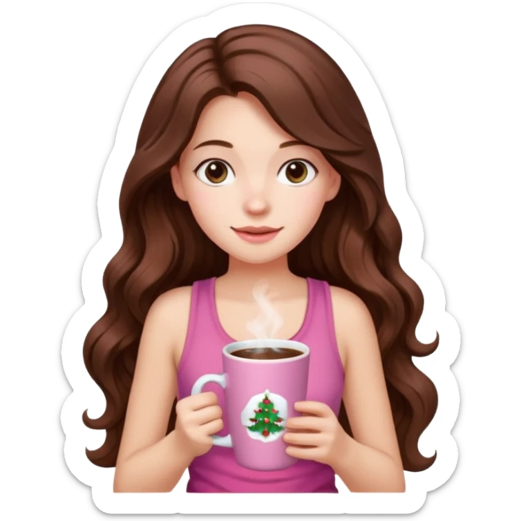 menina branca com cabelos castanhos longos ondulados com xícara rosa na frente com chocolate quente, ela usa blusa de alcinha com estampa de natal sticker