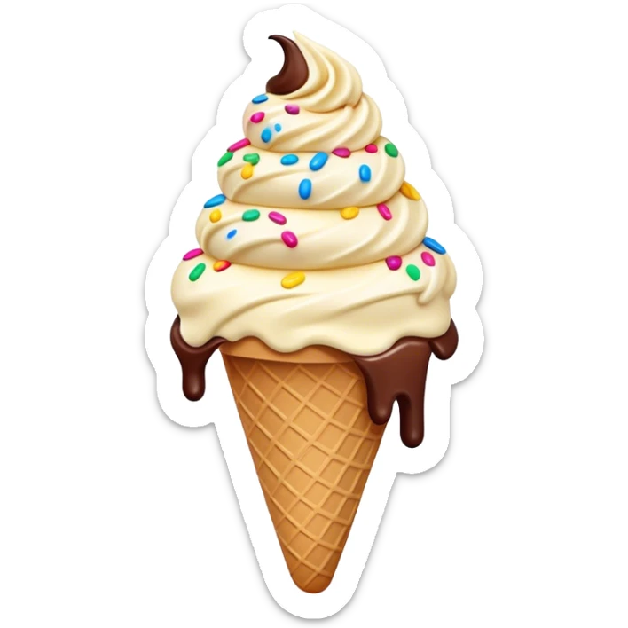 Cinematic scoop of rich, creamy ice cream, slightly melting, smooth swirls of chocolate and vanilla, colorful sprinkles on top, warm glowing background, playful and inviting. sticker