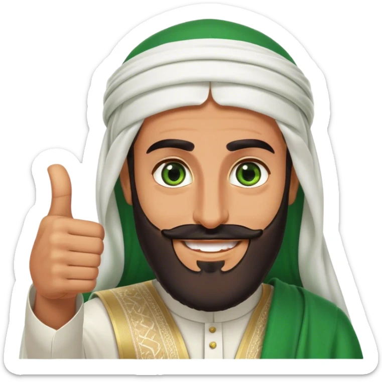 Tanned Arab Saudi man with green eyes and a beard, wearing traditional attire, smiling and giving a big thumbs-up sticker