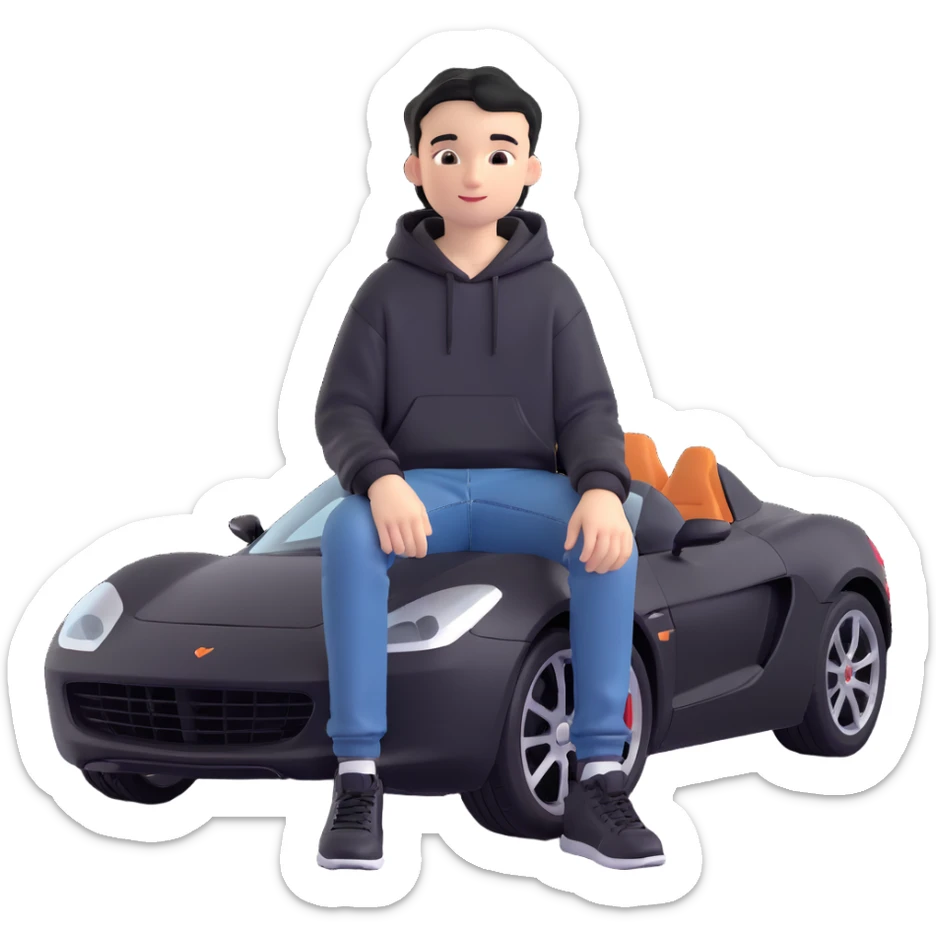 realistic emoji-style illustration of a sleek black sports car viewed from a slight angle, with a 14-year-old boy with short black hair wearing a hoodie and jeans sitting confidently on the car’s roof in a relaxed pose, looking forward with a slight smile sticker