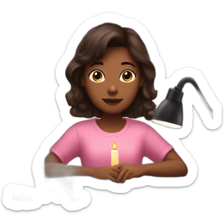 a girl with dark brown hair lights pink candles and studies at her desk sticker