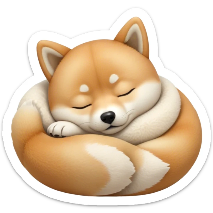 Cinematic cute Sleeping Shiba Inu Portrait Emoji, cute and serene, with a round, adorable build and a plush fur with a soft creamy underbelly, eyes gently closed in peaceful slumber, Simplified yet irresistibly endearing features, highly detailed, glowing with a gentle, dreamy glow, high shine, relaxed and content, stylized with a touch of whimsy, bright and heartwarming, soft glowing outline, capturing the essence of a blissfully sleepy companion, so comically serene it feels like it could roll out of the screen and snore with adorable charm! sticker
