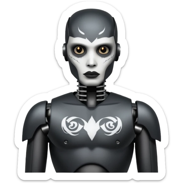 black metal Tatooed robot, big many tatooes on chest, neck and face, white tatoo on face sticker