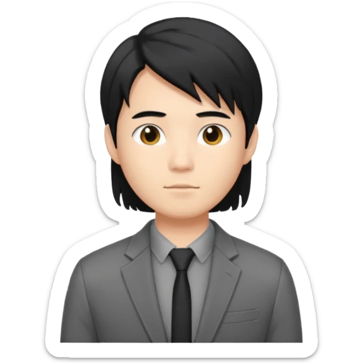 asian young man with mid-long black hair middle part haircut in grey blazer and black t-shirt  sticker