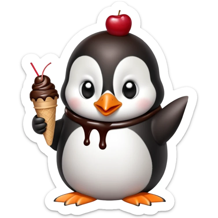 A penguin in an ice cream shop sitting at a table eating chocolate ice cream sticker