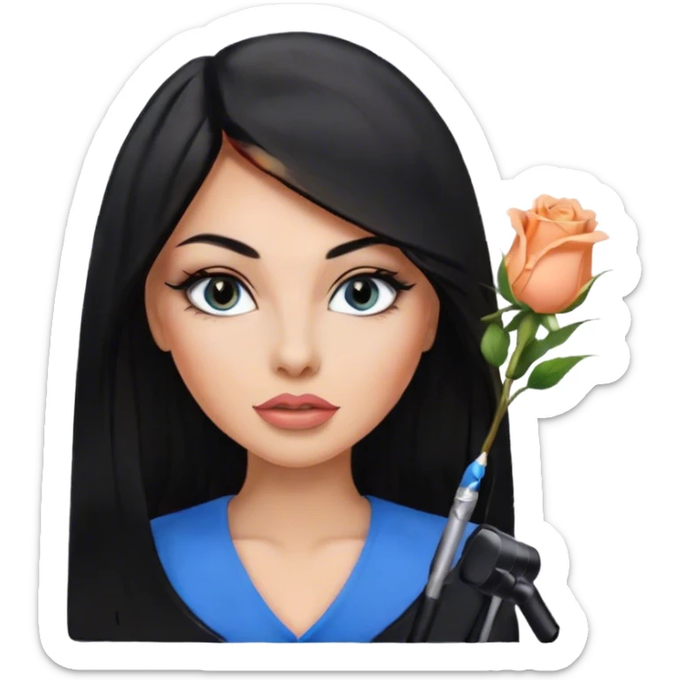 Glamours, tanned, very beautiful girl, with big pump peach-beige-rose lips, eyeliner, long lashes, black straight smooth silky long hair, straight parting hair, blue-grey eyes in black clothes for working profile sticker