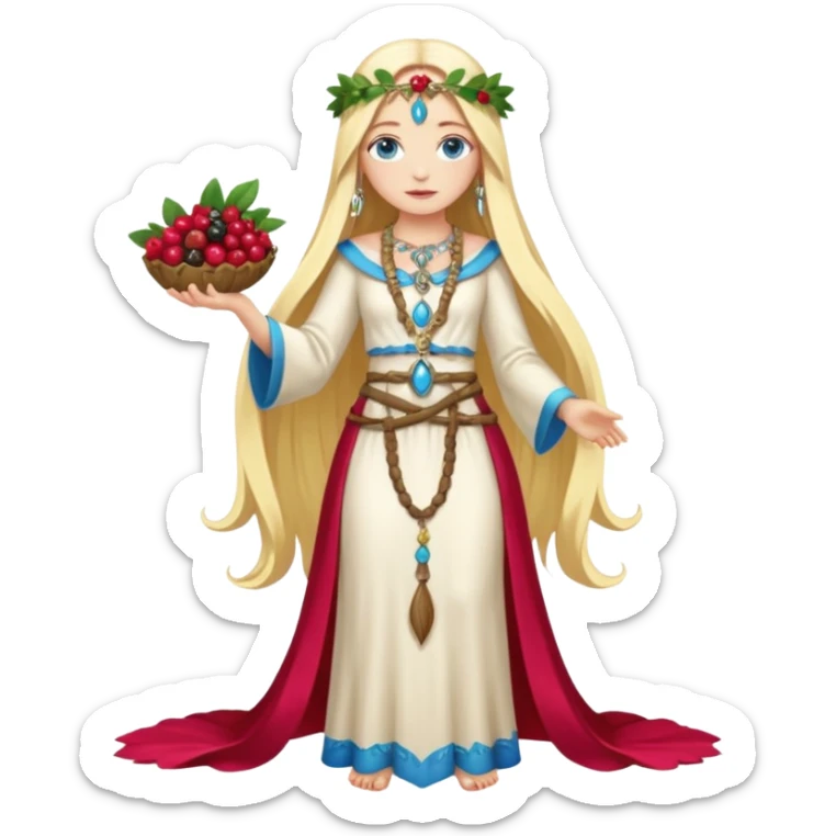 full body woman long blonde hair blue eyes white skin fruit priestess with berry belt and leaf jewelry sticker