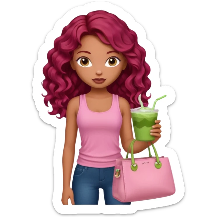 a pretty fair bratz girl with wavy dark red hair, wearing a pink tank top , carrying a matcha and a pink bag sticker