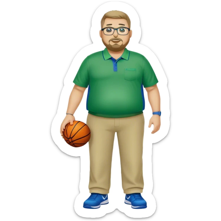  full body white obese male basketball coach with trophy. Goatee , Wearing glasses and blue and green nike polo shirt and khaki pants sticker