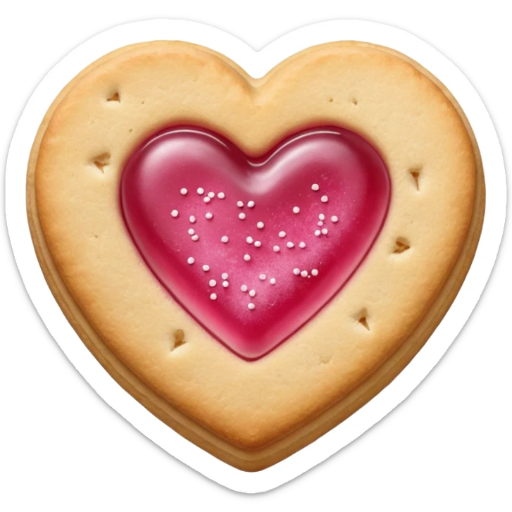 Realistic shortbread cookie in the shape of a heart with pink jelly middle filling and sprinkled powder sugar on top. sticker