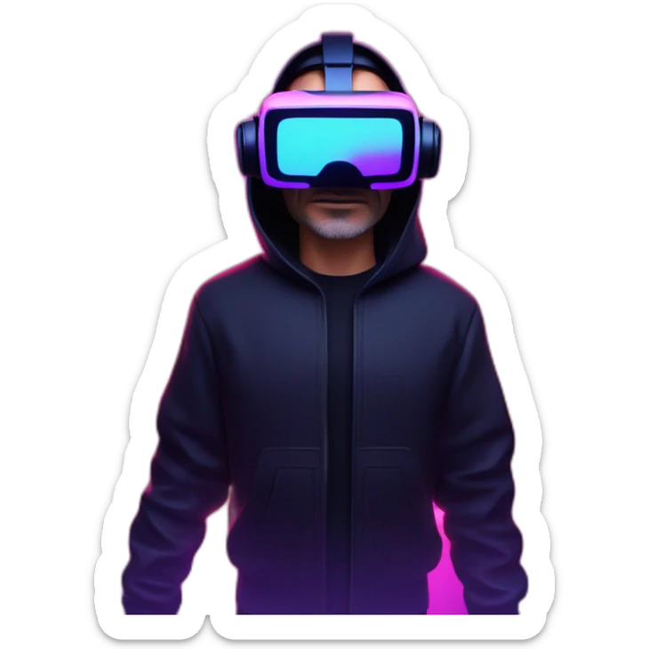 Steve Jobs wearing a black hoodie with "OMG" letters on it and VR headset in a cyberpunk VR environment with violet neon lighting. sticker