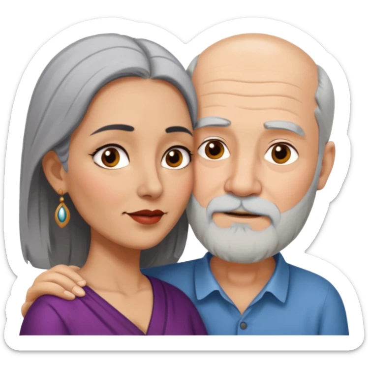 I want an old man with balding and grey beard grey hairs and a woman in her 40s with black hair parted in indian woman stylein a passionate embrace sticker