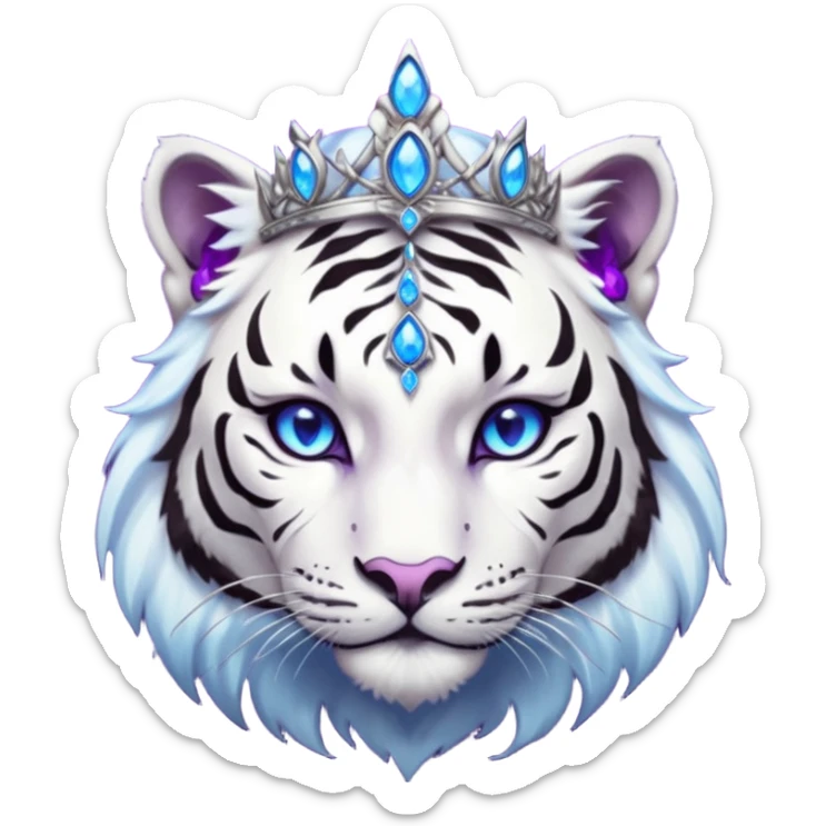 ESO Female white/black tiger khajiit leader of the umbral rose, glowing blue eyes, glowing blue 'third eye' gem; purple gemmed silver tiara sticker