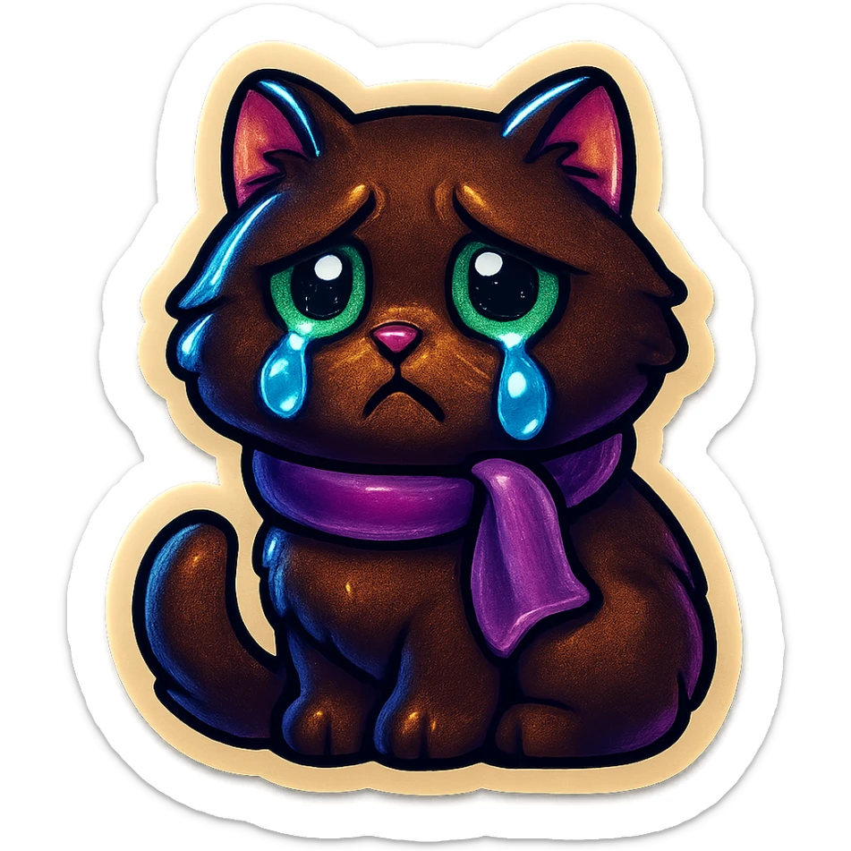 Fluffy sad crying cute dark-brown cat with green eyes and a purple scarf  sticker