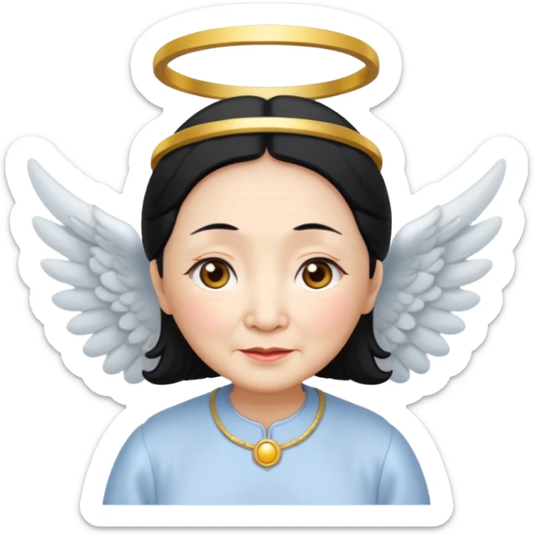 Angel Old Lady with wings black hair asian  smaller eyes w halo sticker