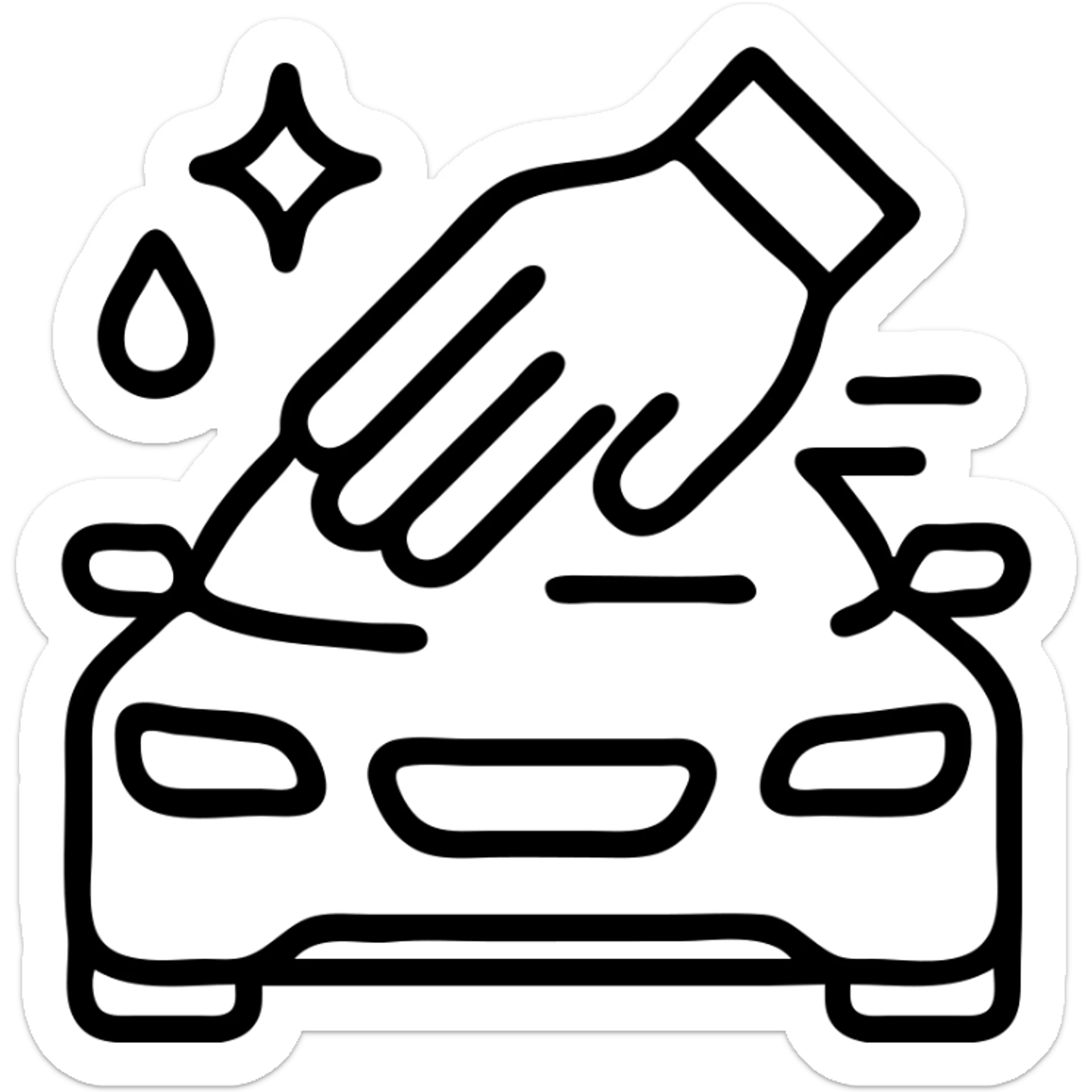 outlined icon of a gloved hand wearing a black glove on the hood of a luxury car, drops or sparkles, black as main color, white or silver accents, soft motion lines for cleaning, minimal and modern sticker