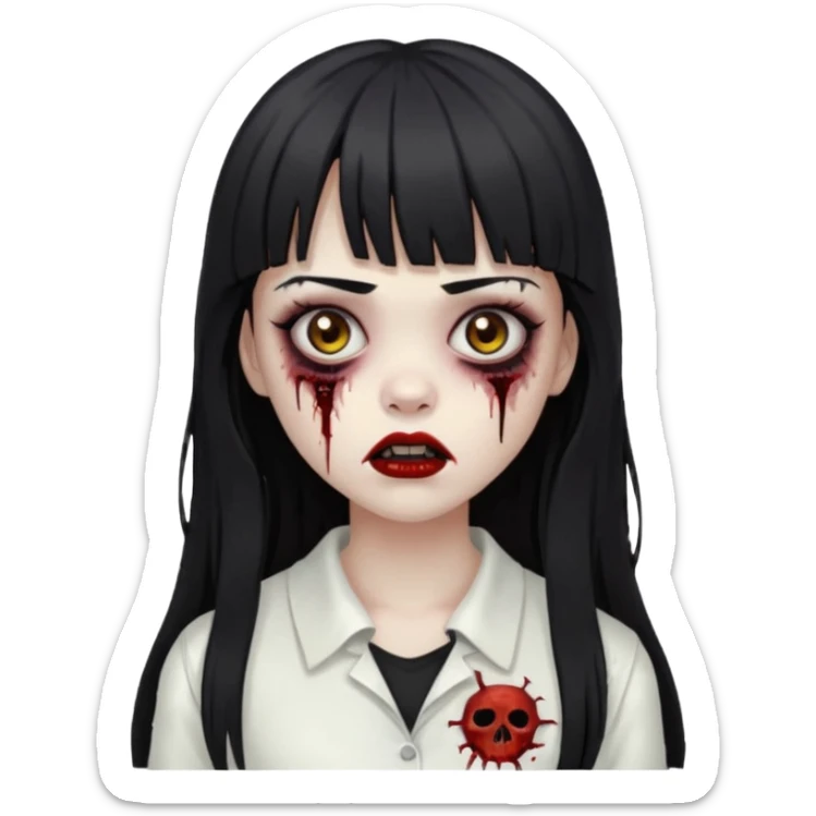 Make a girl with bangs with very dark black and long hair, light brown eyes and white clothes in the form of a zombie sticker