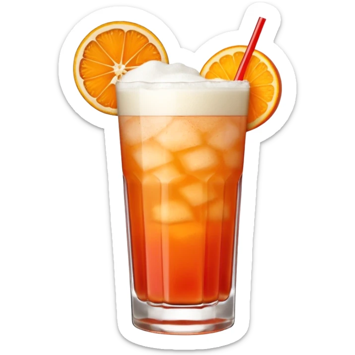 A tall glass filled with a frothy orange-red Garibaldi cocktail, topped with an orange wedge. sticker