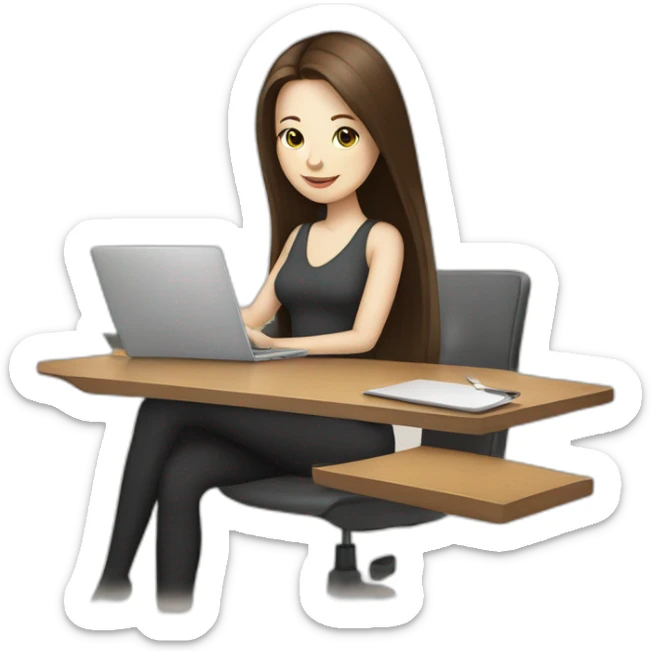 woman with long straight brown hair and pale skin using a laptop as a serving tray for a coffee mug sticker