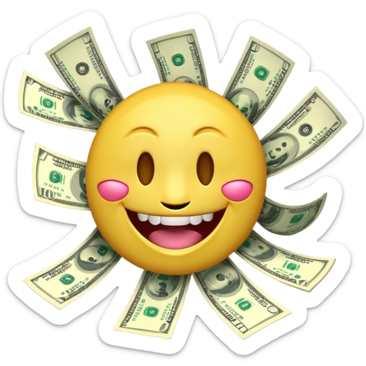 3D glossy emoji sticker, dollar-sign eyes, huge toothy grin, mouth stuffed with US dollar bills spilling out, floating banknotes, centered, solid chroma green background sticker