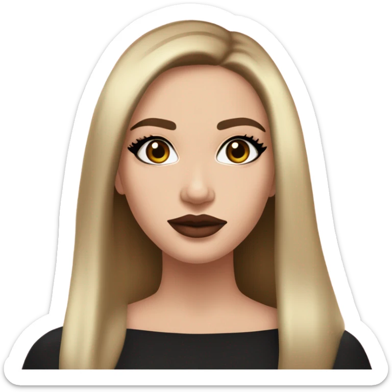 A white girl with a full face glam make up. Gold eyeshadow, glossy pink brownish full lips. Rosy cheeks, long and full eyelashes long black straight hair and a off shoulder long sleeve pullover sticker