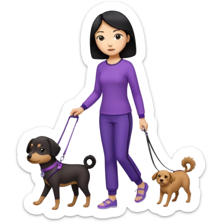 black hair Chinese woman wearing purple top and black pants walking 1 small brown dog sticker