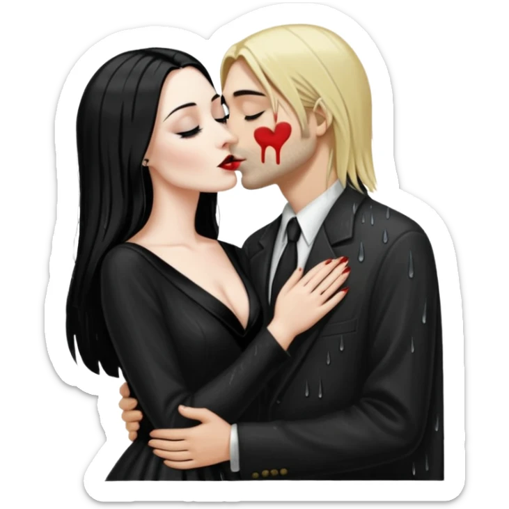 Realistic morticia addams kissing sweetly Kurt Cobain in the rain. sticker