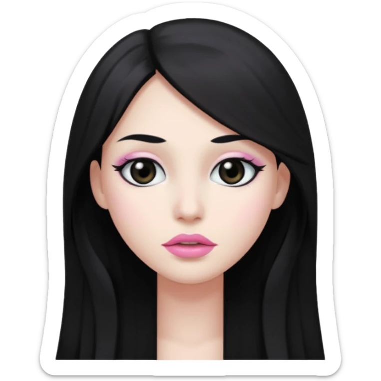 long hair black normal hair with black eyes, and white skin, white pinkish lip  sticker