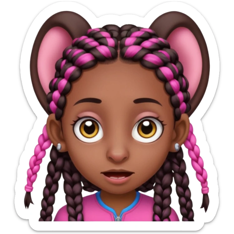 arikan, dark long hair whit pink and black braids. brown skin, smal face and a super big nose and super big ears. big eyes. big mouth sticker