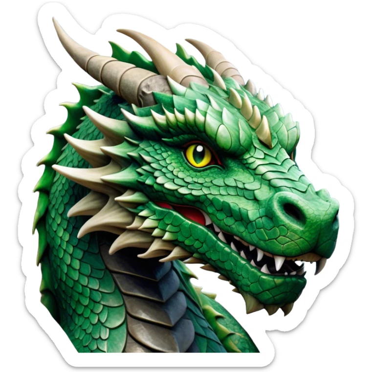 Cinematic Noble Giant Green scaled Dragon Portrait Emoji, Poised and awe-inspiring, with a massive, rugged form carved from ancient stone, featuring intricately textured scales that resemble weathered granite and basalt, and piercing, stony eyes echoing the strength of timeless mountains; rendered with lifelike detail and earthy natural highlights, high shine, formidable and grounded, styled with an aura of primordial majesty, focused and resolute, soft glowing outline, capturing the essence of an enduring rock titan ready to surge from the screen with ageless power! sticker