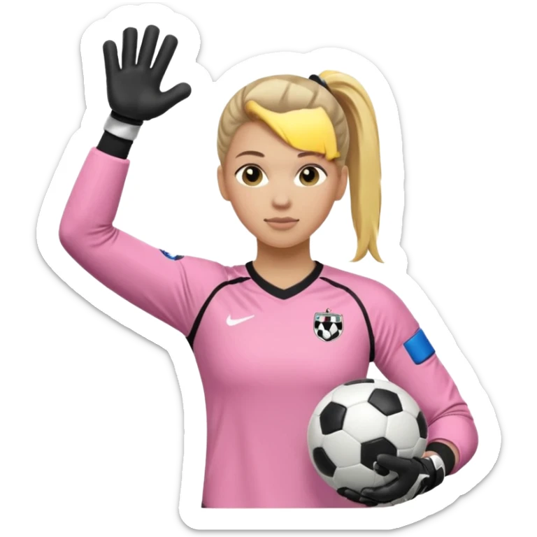 Make a dirty blonde football goalkeeper with goalkeeper gloves on. light skinned and wearing a light pink football kit. Wearing one ponytail on back of head. Make it without the whole body. With full sleeves. No RUGBY BALL JUST BLACK AND WHITE BALL. Holding ball under armpit. Other hand hanging down sticker
