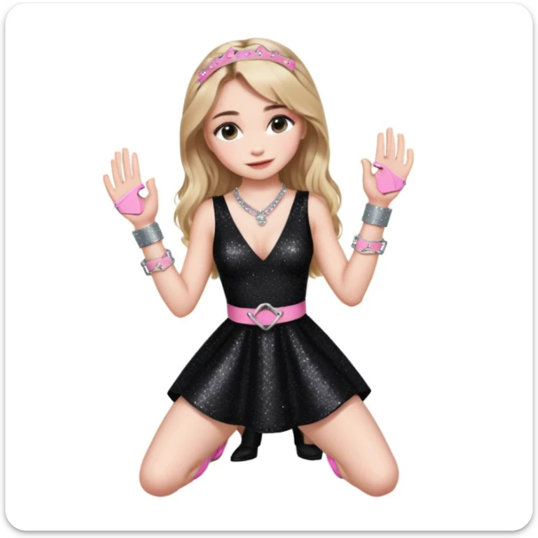 Sabrina carpenter at concert wearing a black sparkly dress with a silver sparkle v neck she is holding up pink handcuffs towards audience and kneeling, blue and red lights setting  sticker