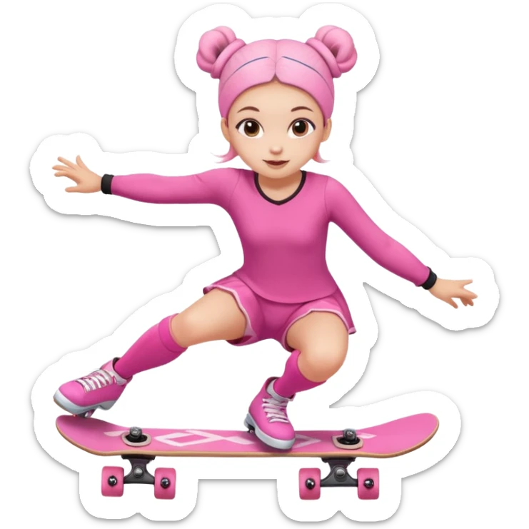 Cute skater girl with two buns and pink outfit, gliding with playful energy. sticker
