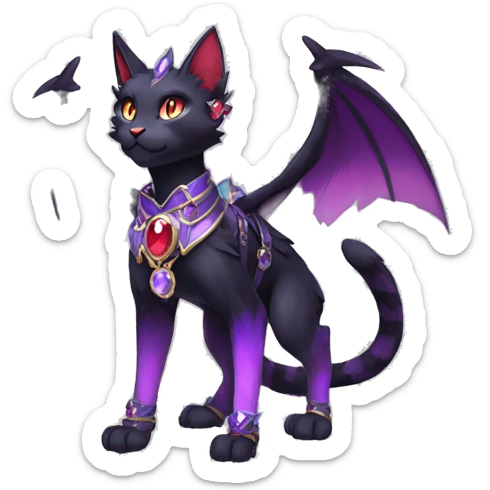 cool kawaii cartoon edgy distinguished ethereal elegant beautiful fantasy black purple red ethereal fantasy nargacuga-Noivern-cat-Quiana-Fakemon collar harness moon gem jewels full body sticker