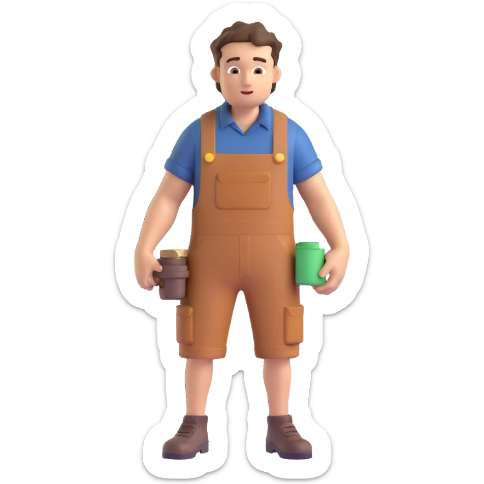 Wreck-It Ralph man with short messy hair, brown overalls, boxy figure with big arms sticker