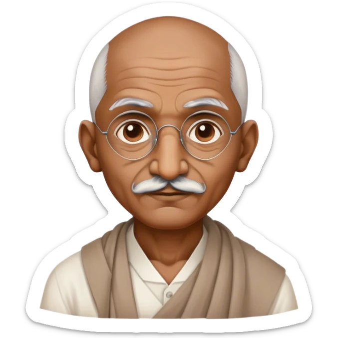 Cinematic Realistic Mahatma Gandhi Portrait Emoji, depicted as a humble, wise leader in simple attire with a serene determined expression, rendered with soft textures and warm natural lighting that captures his peaceful yet resolute spirit. sticker