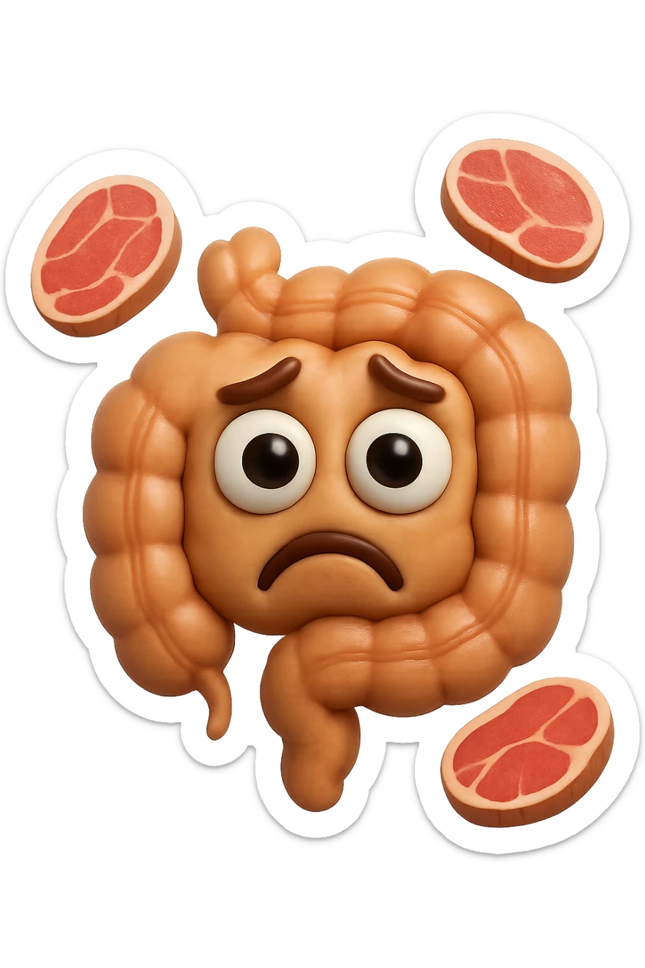 emoji stile iphone in 3d di un intestino triste con fette di carne che gli fluttuano intorno, gli occhi falli con la parte bianca pure, iperrealistico 4k sticker