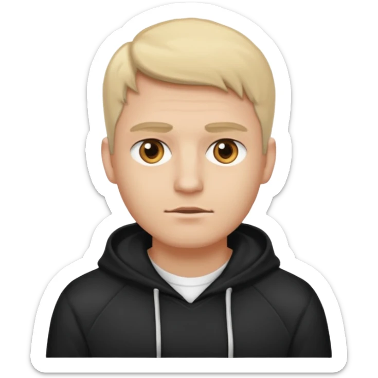 Crea un hombre alto, blanco, rubio, con ojos café claro, con músculos, camisa blanca con una sudadera negra, alto y guapo sticker