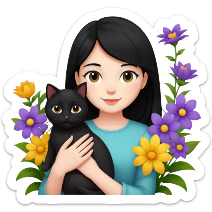 A black-haired girl happily holds a black cat in the flowers sticker