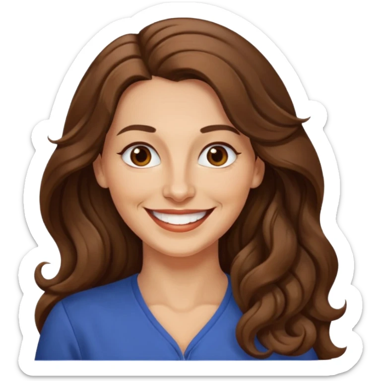 40 yr croatian woman, long wavy brown hair, big smile, side part, 
 sticker