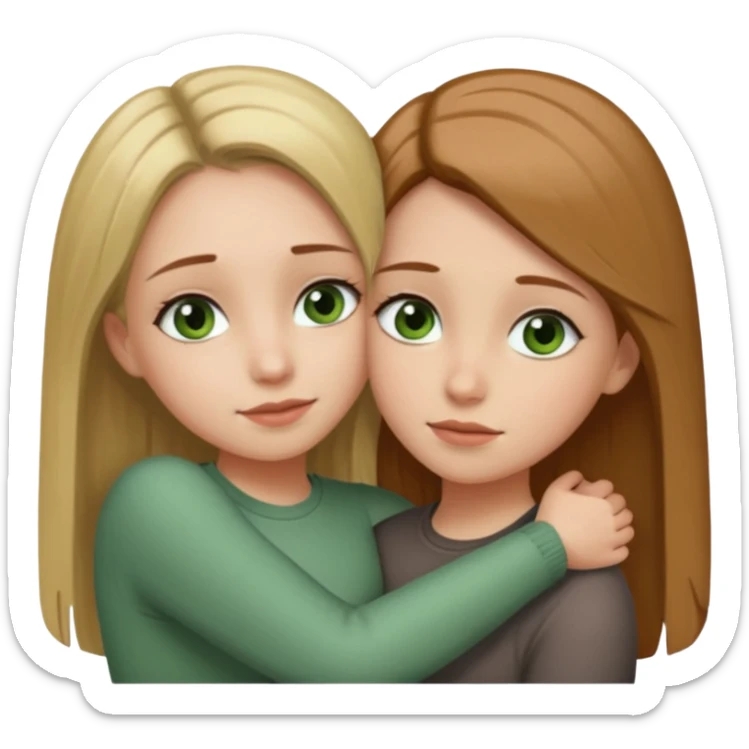 Two girls are hugging. One has dirty blonde hair with a little reddish in it. She has also grey eyes. Her hair is long and straight. The other girl has brown hair with green eyes sticker