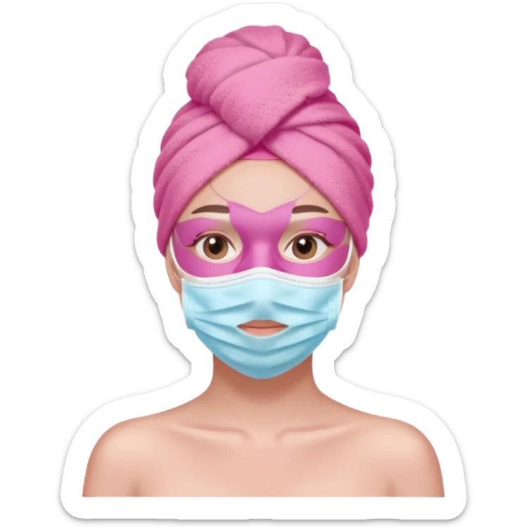 Clean girl influencer character, chest-up portrait, pink head towel, half-face facial mask, minimal self-care look, clean modern illustration sticker