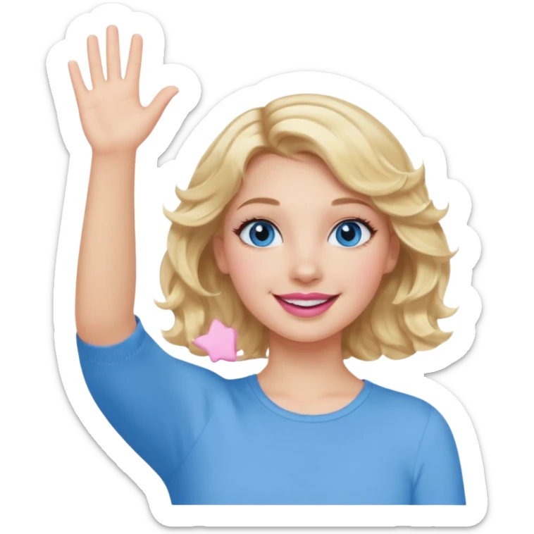 Girl Blonde short wavy hair,  blue eyes, cute blue top, long lashes, pink lips, smiling, one hand in the air sticker